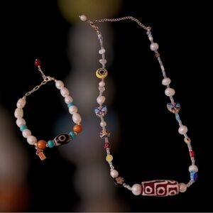 Freshwater pearl &Tibetan 9 eyes dzi bead Buddha bead & coloured glaze necklace